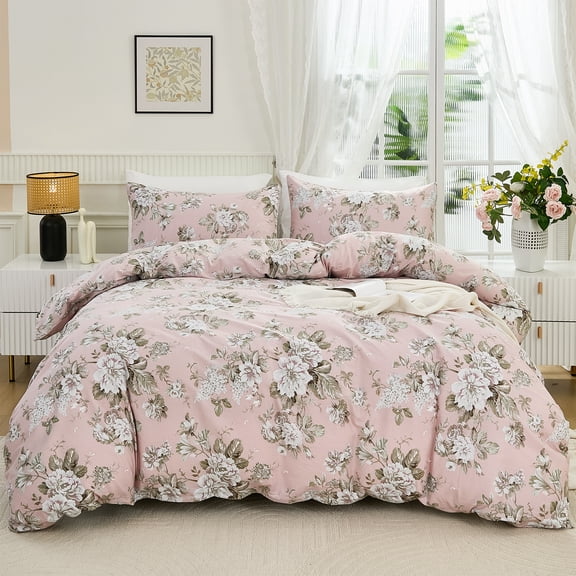Floral Duvet Cover Soft 100% Nature Cotton Vintage Style Pink Bedding Set with Zipper Closure 3 Pcs Cottagecore Botanical Duvet Cover, Ultra Soft, Breathable