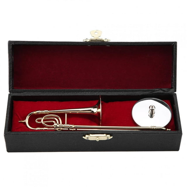 Réplica de trombón en miniatura con soporte y estuche. Modelo de instrumento chapado en oro. Adornos musicales.