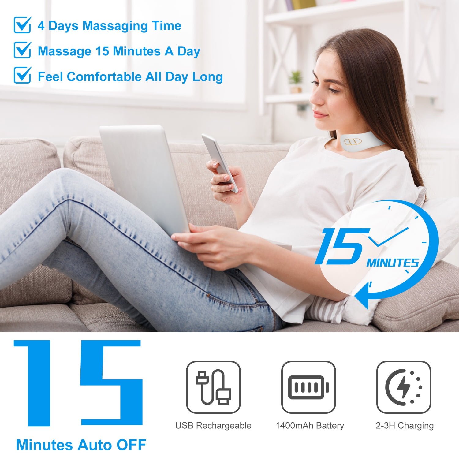 EMS Neck Massager with Heat Portable Cordless Electric Neck Massager with 6 Modes 20 Intensity Levels Remote Control Voice Prompt for Office Home Outdoor Use (8 Head)