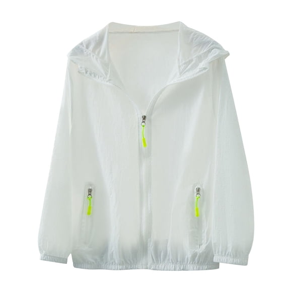 Long Sleeve Sunshirts for Women Hoodies UV-Protection Hooded Lightweight Full-zip Jackets with Pockets (2XL, White)