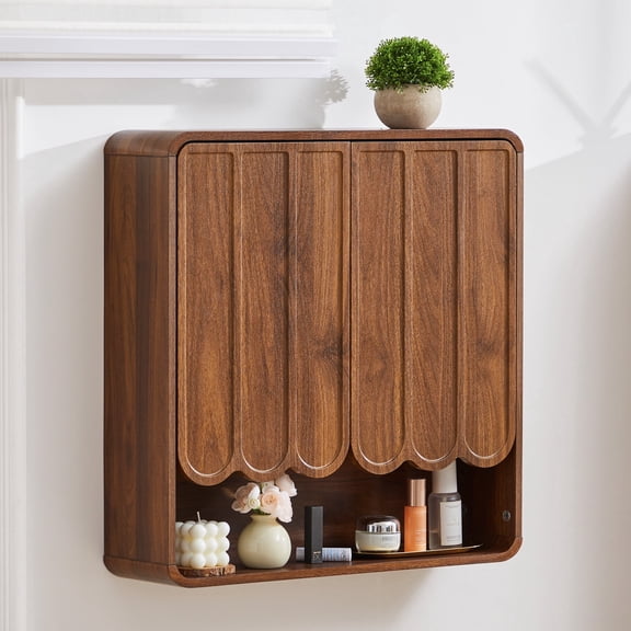 Wirrytor 2-Door Bathroom Medicine Wall Cabinet, Walnut Wall-mounted Storage Cabinet , Over-the-Toilet Adjustable Shelves , Farmhouse Bathroom Storage Cabinet for Dining room