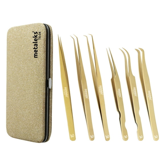 6PCS Complete Golden Titanium Coated Eyelash Extension Tweezers Set In Golden Glitter Magnetic Kit - Made of Japanese Stainless Steel