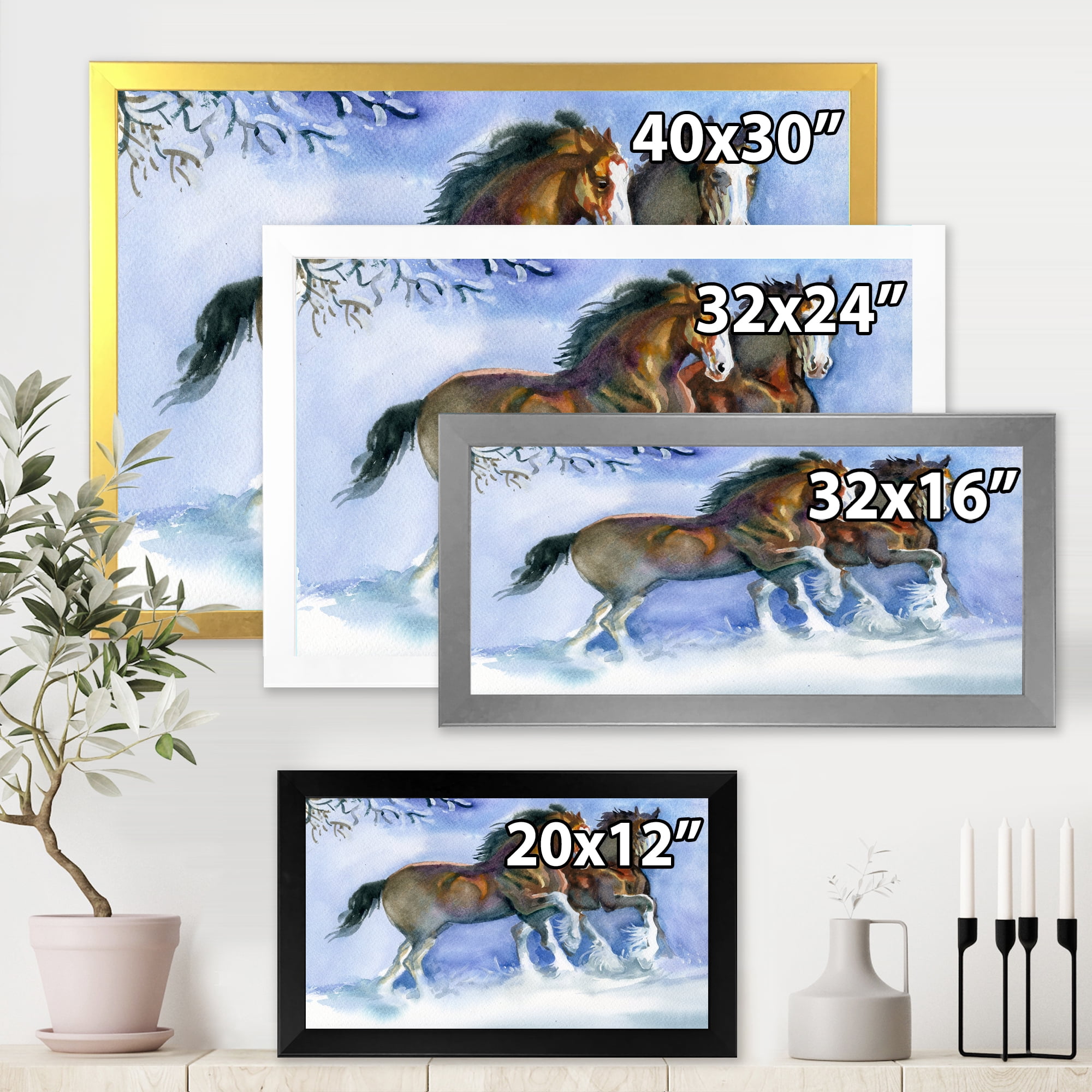 Designart 'Horses Running In Winter On Blue' Farmhouse Framed Art Print