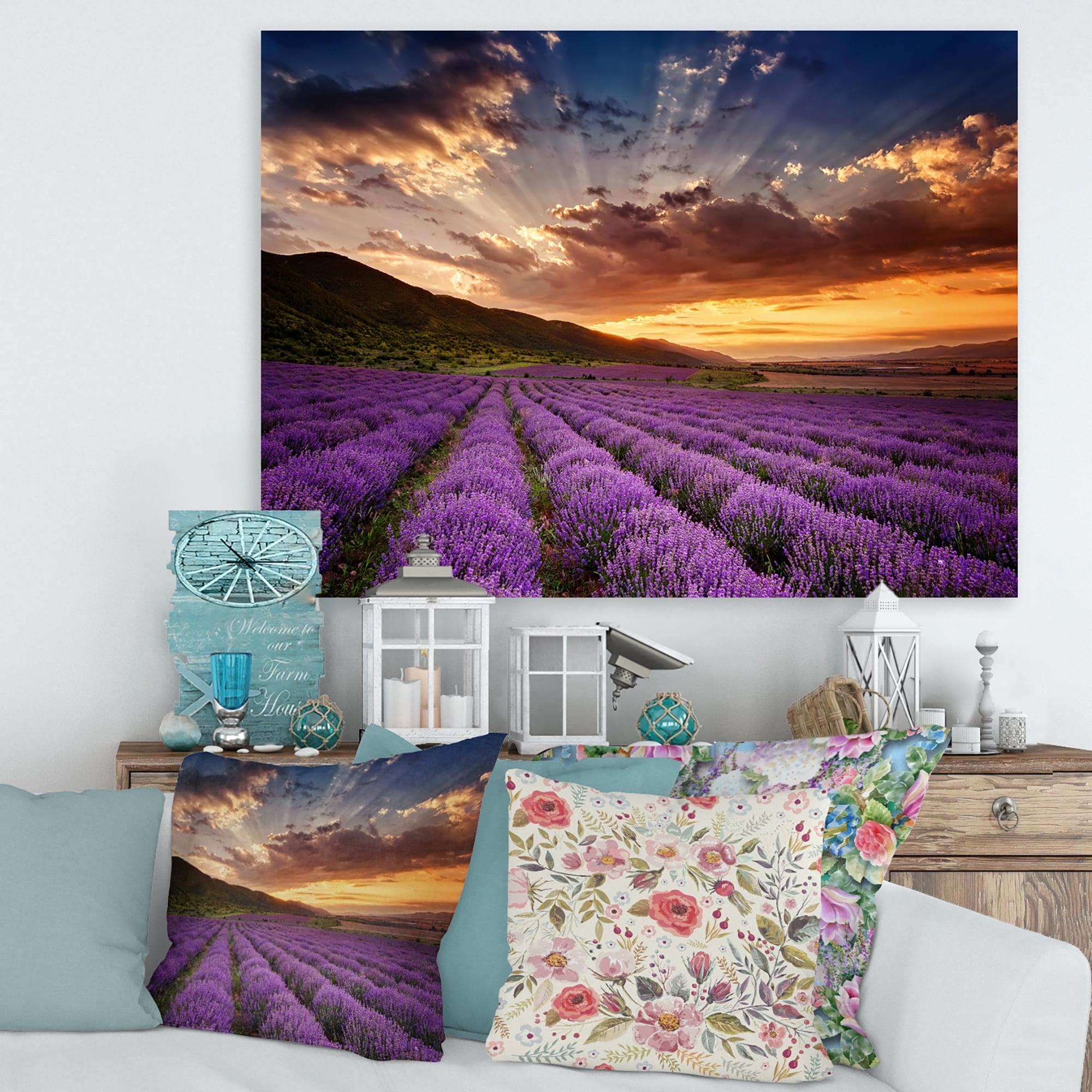 Designart ' Dramatic Clouds and Sunrise Over Lavender Field X ' Farmhouse Canvas Wall Art Print