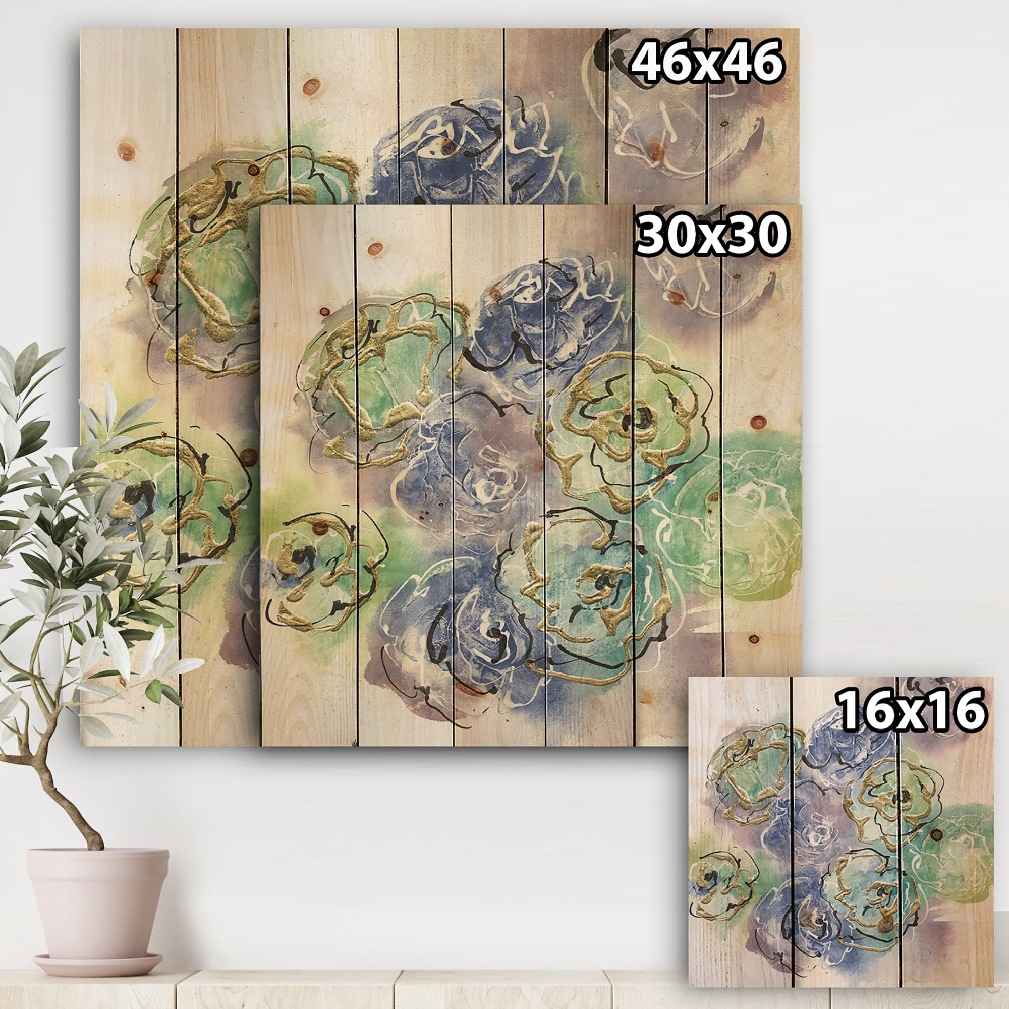 Designart 'Glitter Pastel Foral Composition II' Cabin & Lodge Print on Natural Pine Wood