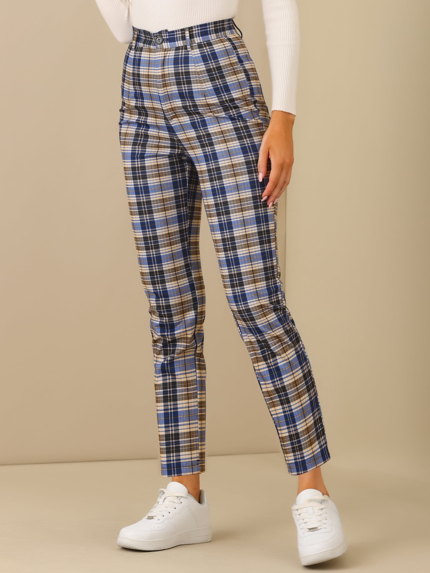 DARING DIVA Women's Plaid Trousers Button Tartan Check Work Pants S Blue