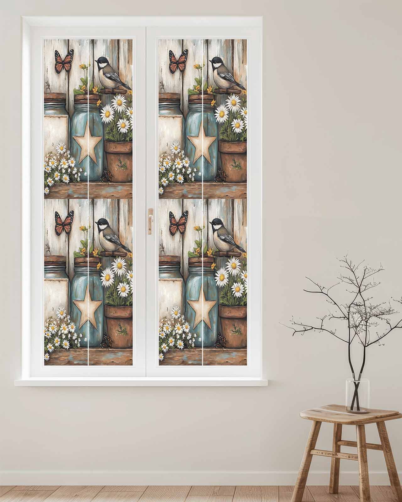 Window Privacy Film Country Flower Stained Glass Window Film Decorative Sun Block Window Cover Retro Western Texas Star Butterfly Bird Window Clings Static Adhesive Sticker for Bathroom 17.7"x78.7"