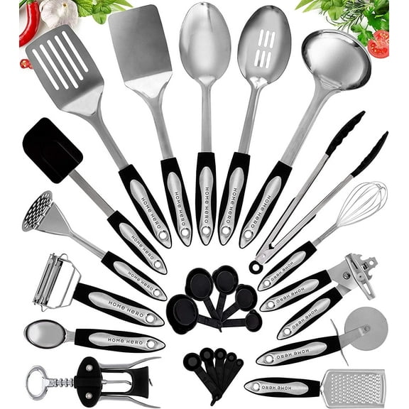 Home Hero Stainless Steel Kitchen 41 Utensils Set - Black Handle Nonstick Stainless Steel Cooking Utensils Set - Heat Resistant Kitchen Essentials & Metal Kitchen Gadgets (Silver & Black)