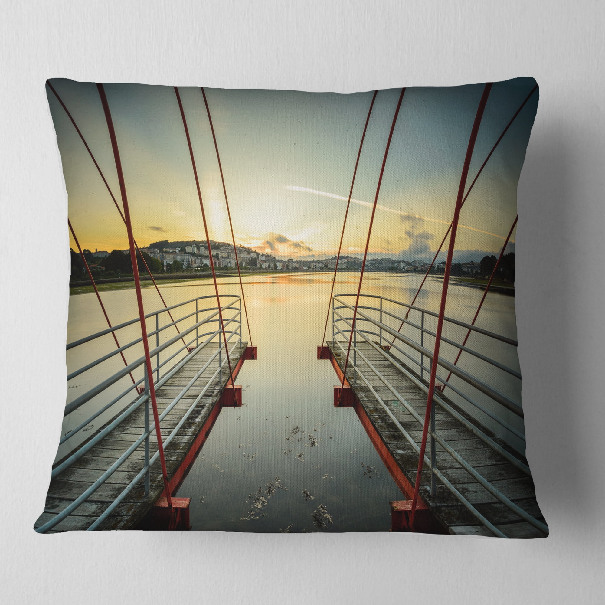 Designart Wooden Piers for Boats in Spain - Seashore Photo Throw Pillow - 18x18