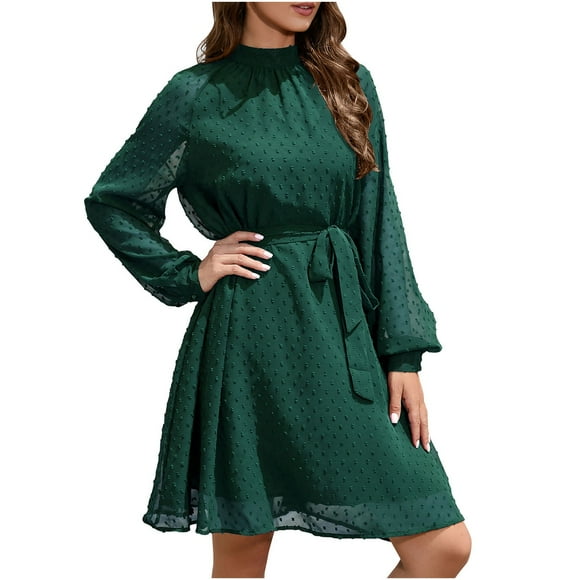 FAIWAD Robes en Mousseline pour Femmes Col Rond Manches Longues Taille à Lacets Robe Courte Décontractée Plissée Robe d'Été