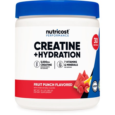 Nutricost Creatine Monohydrate + Hydration Fruit Punch Flavored  30 Servings  7 Vitamins & Minerals - 5000mg of Creatine Per Serving