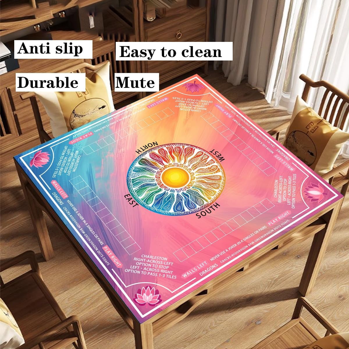 Mahjong mat for Table/31.5inch/American Mahjong Table Cloth with Rules mats withDrawstring Bag, Noise ReductionAnti-Slip Game mat for Table, forMahiona/PokerBoard Games/Card Games/Dominoes