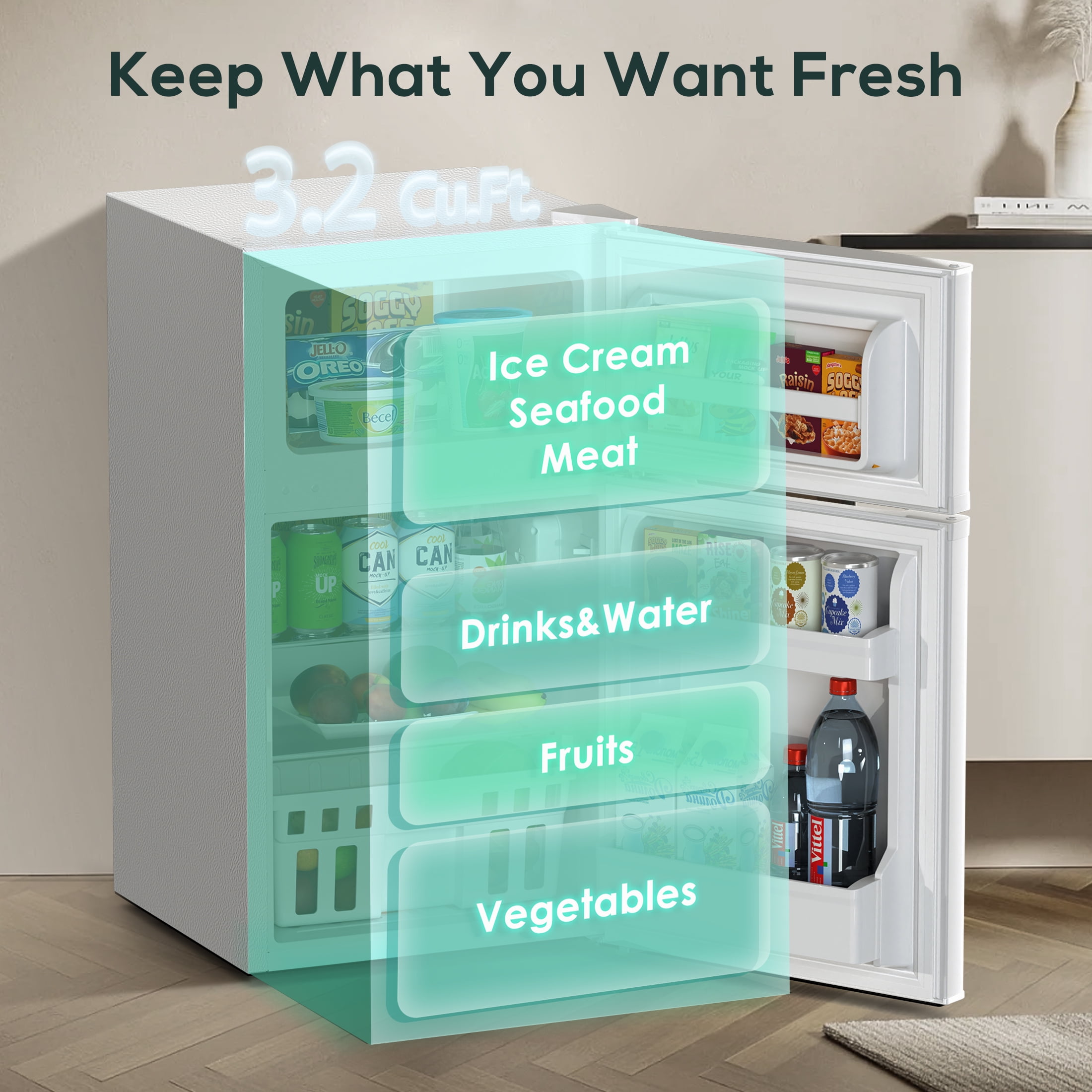 Auseo 2 Door  3.2 Cu.Ft Mini Fridge Adjustable Temperature Refrigerators with Removable Shelves, Suitable for Home/Kitchen/Office/Dorm, White