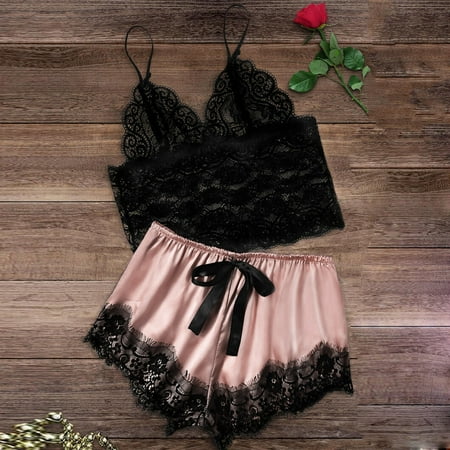 

MPWEGNP Women Satin Lace V-Neck Camisole Bowknot Shorts Set Sleepwear Pajamas Lingerie