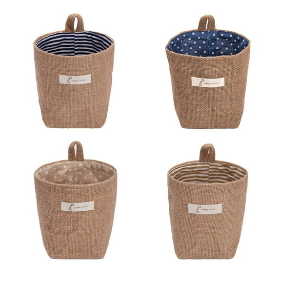 4 Pack Wall Hanging Storage Bags Hanging Storage Bags Cotton Linen Storage Basket Foldable Wall Hanging Basket Family Organizer Box Decorative Bag