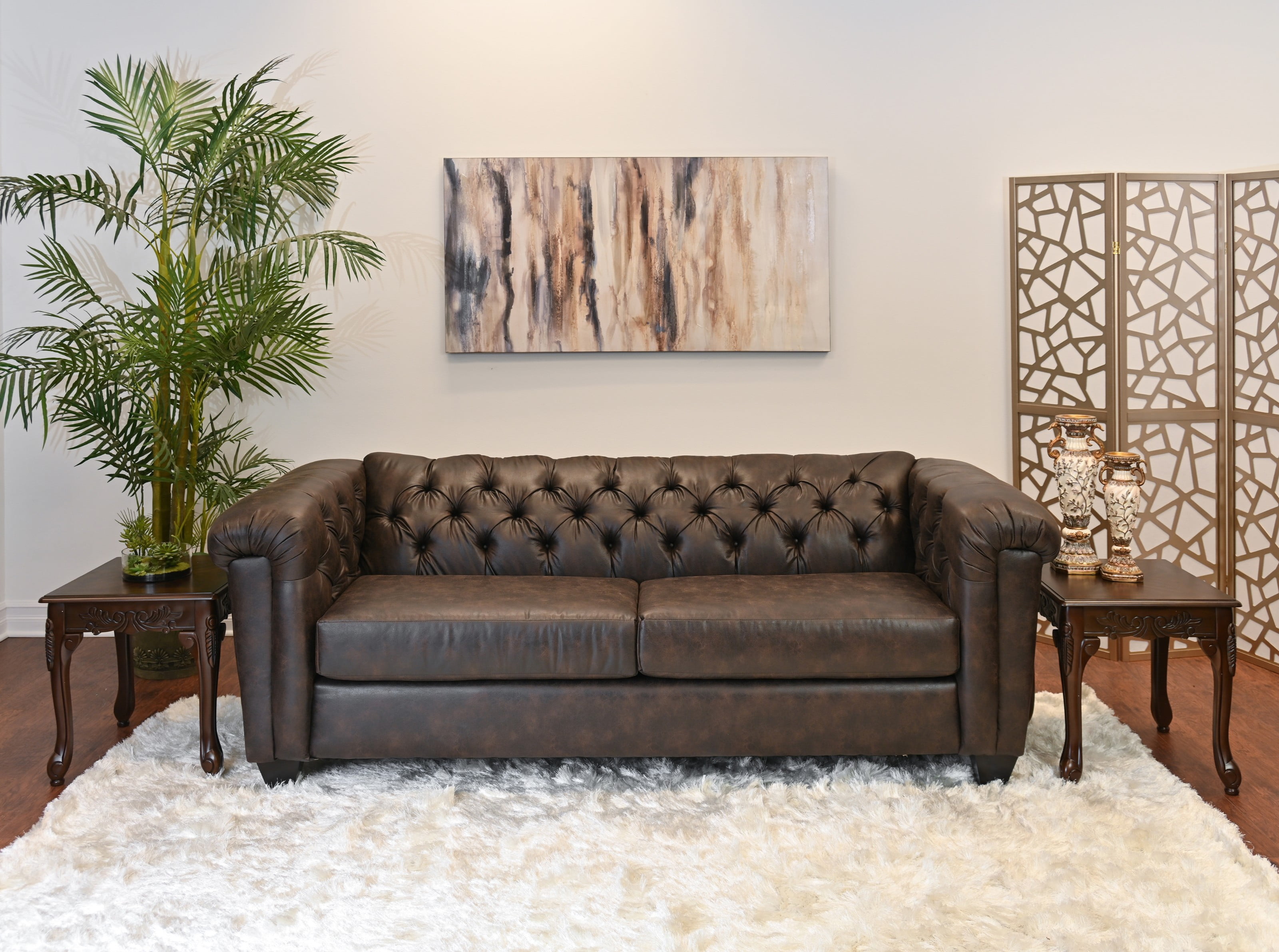 Roundhill Horton Faux Leather Chesterfield 3-Piece Living Room Set, Sofa Loveseat and Chair, Ridgeline Brownie