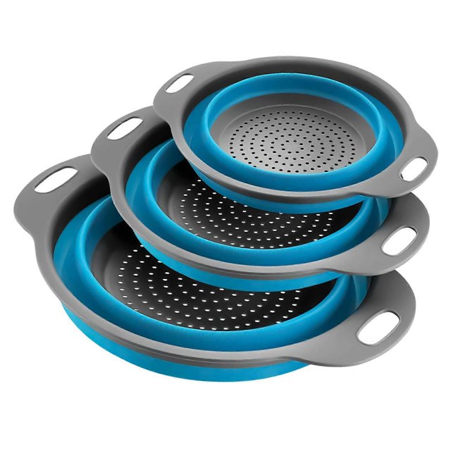 3 Piece Round Silicone Collapsible Colander Set Draining for Pasta Vegetables Fruits in Kitchen