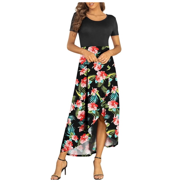 SMihono Robe Bohème d'Été pour Femmes Grande Taille Robes d'Été pour Femmes Robe à Manches Courtes Décontractée Fluide Asymétrique Longue Robe Maxi