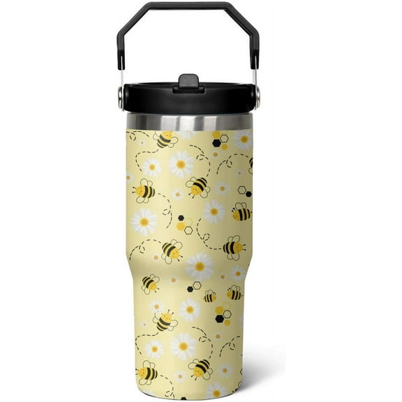 30oz Bee tumbler With Handle Lid and Straw,Queen Bee Iceflow Flip Straw Coffee Mug Cup Tumbler Water Bottles,Honey Bee themed Gifts for Women Daisy Flowers,Bee Decor