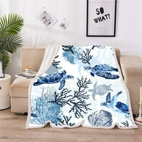 Sea Turtle Fleece Throw Blanket Underwater World Sea Turtle Sea Grass Natural Watercolor Style Plush Sherpa Blanket Cozy Fluffy Blanket Sea Turtle Gifts…