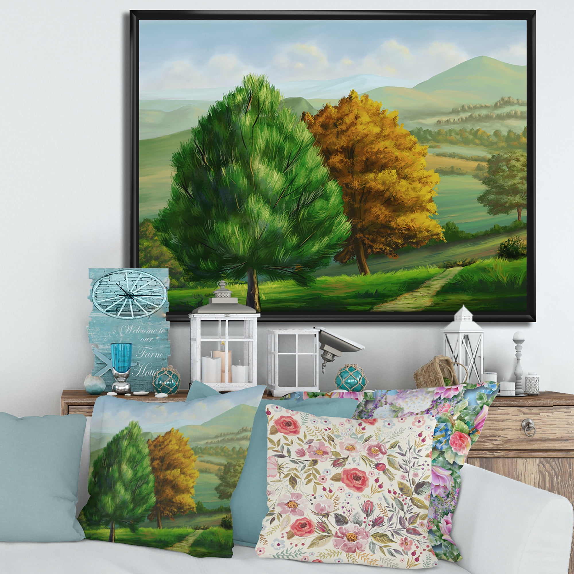 Designart 'VIbrant Trees With Country Scenery' Traditional Framed Canvas Wall Art Print