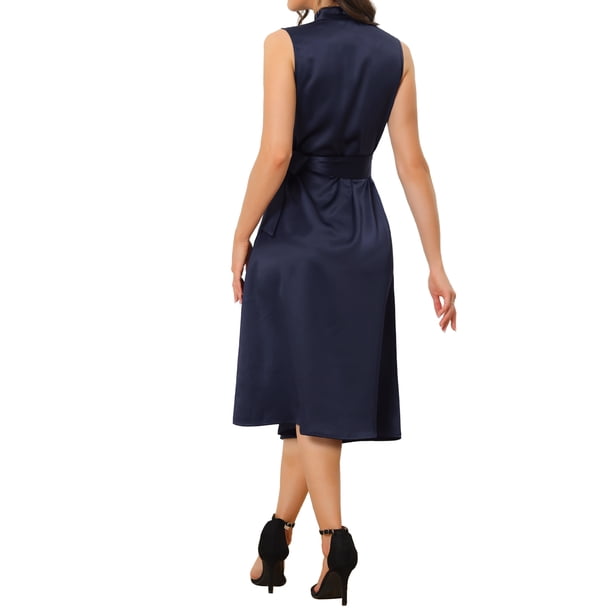 INSPIRE CHIC Women's Satin Bodycon Dress Summer 2023 Tie Waist V Neck  Sleeveless Midi Dresses Navy Blue S - Walmart Business Supplies