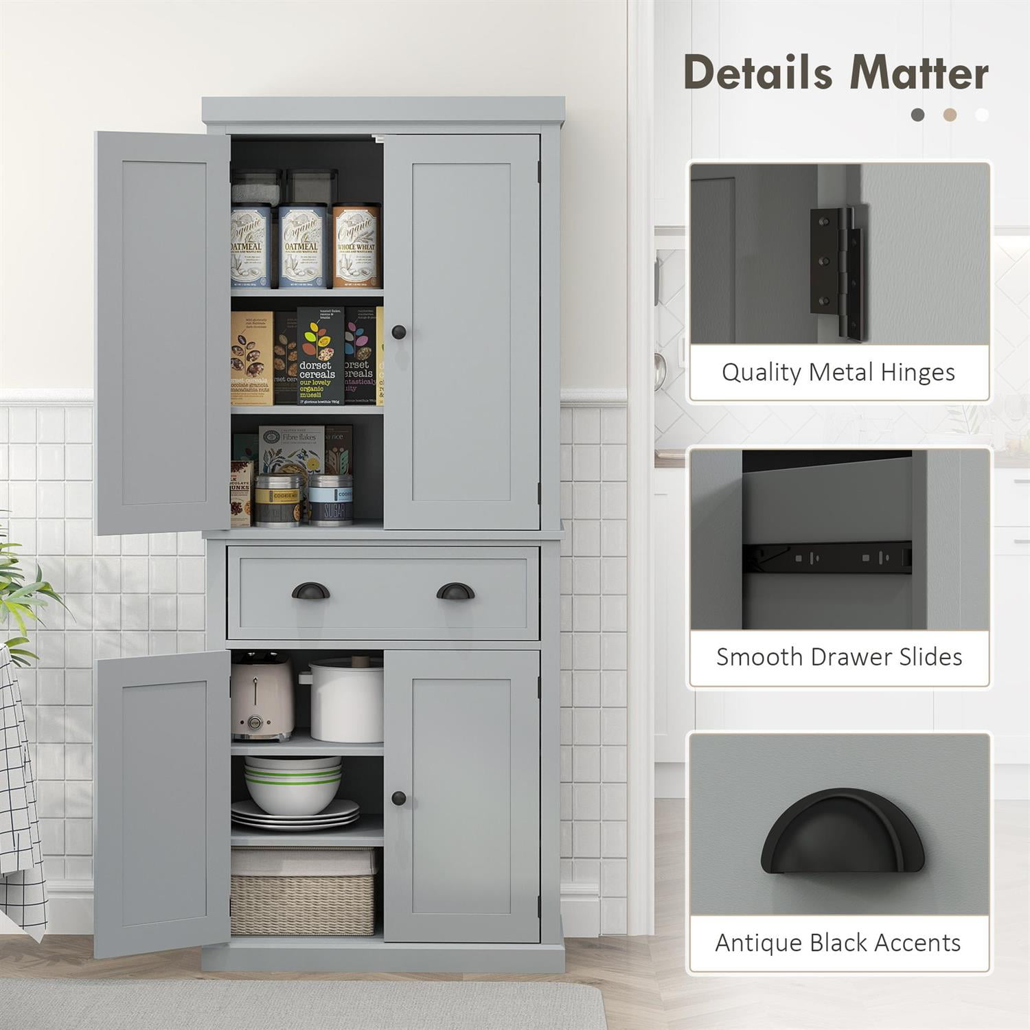 Demi Bonn 72.5" Kitchen Pantry Storage Cabinet with Doors and Shelves, Standing Food Pantry Organizer, Space Saving Design for Home Kitchen, Gray