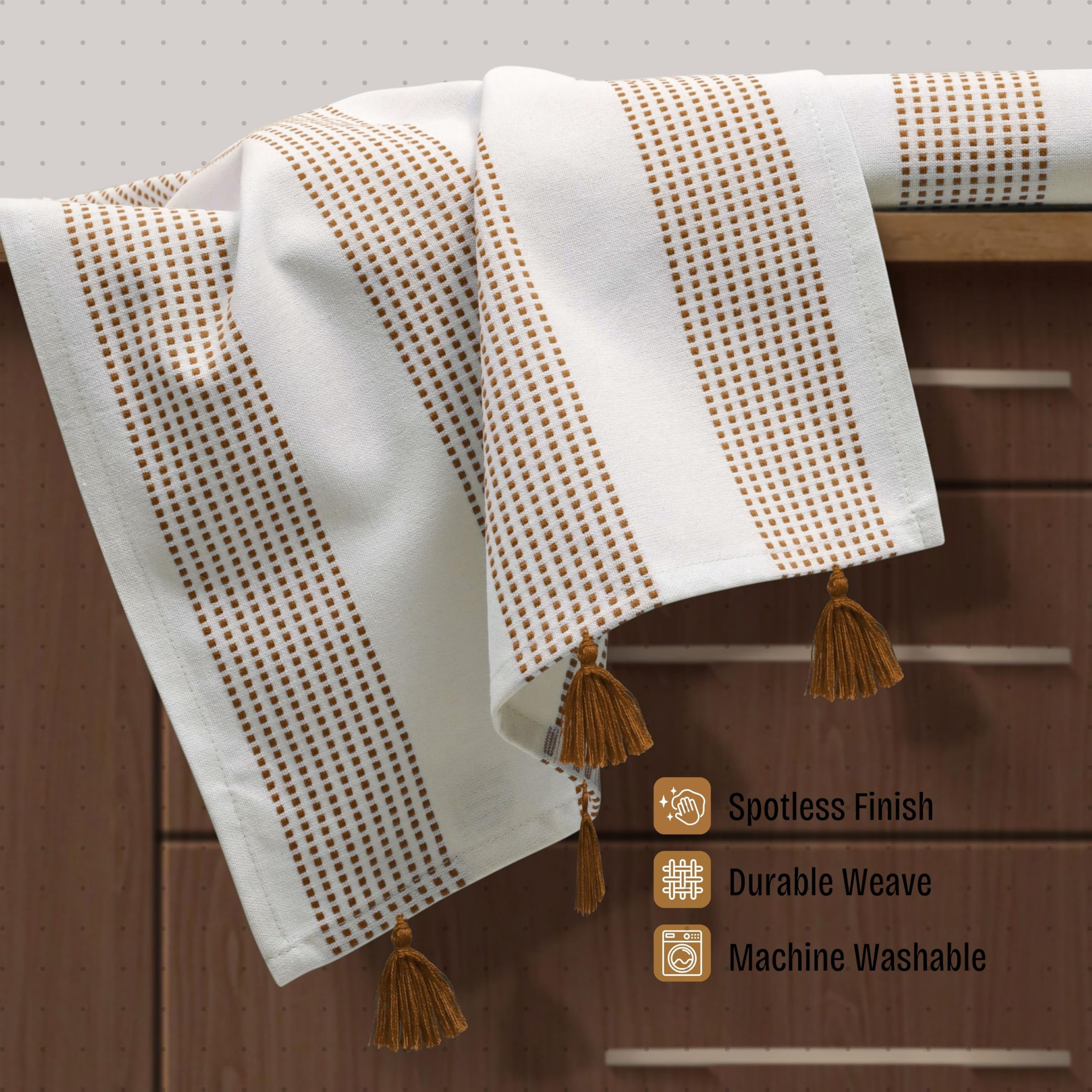 HEIRLOOM COMFORT Brown Decorative Dotted Kitchen Towels 16x26 Inch, 3 Pack, Soft, Absorbent 100% Cotton Dish Towels with Tassels, Quick-Dry for Cleaning, Drying Dishes, and Everyday Use