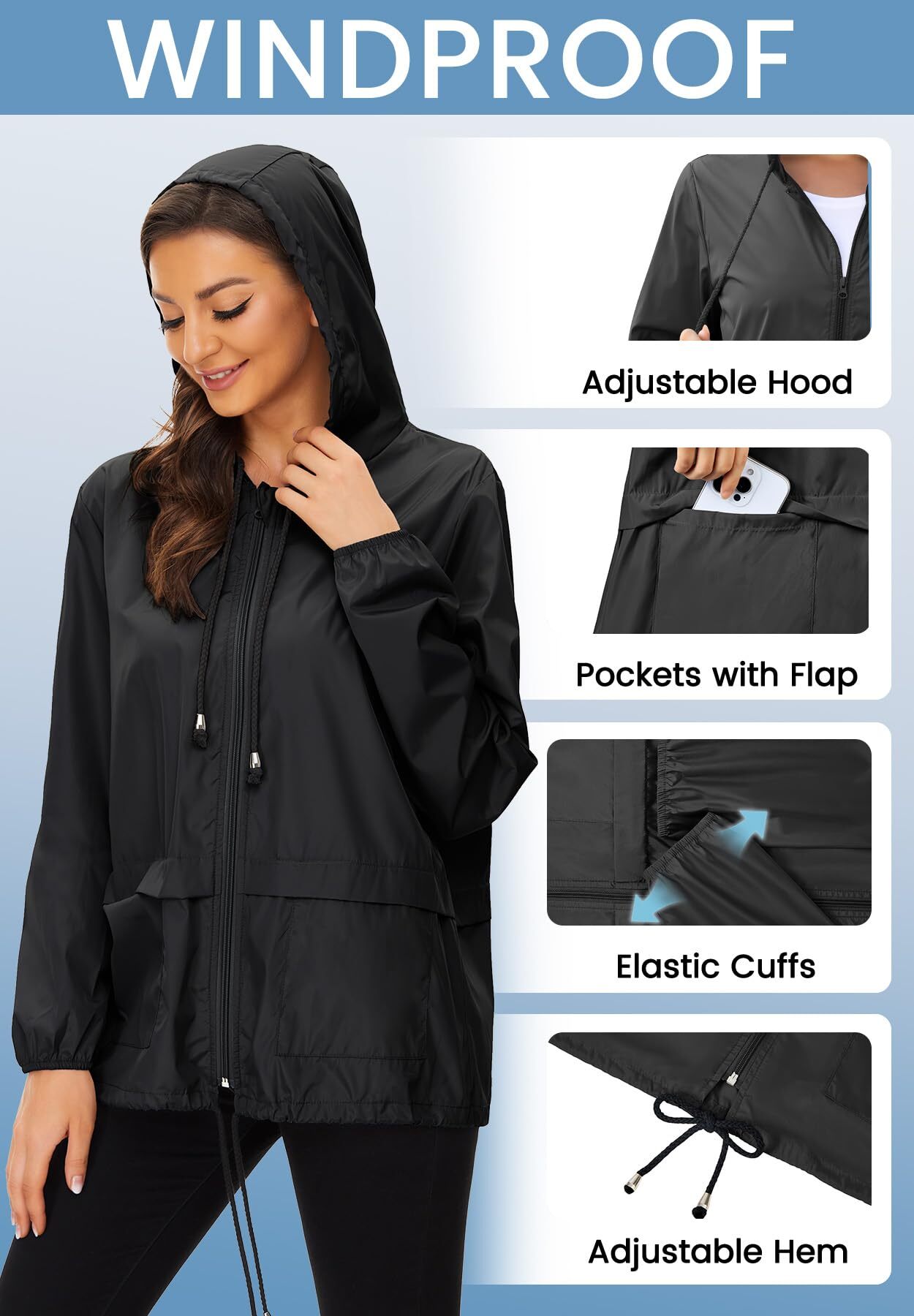 American Trends Women's Waterproof Rain Jacket, Black photo 2