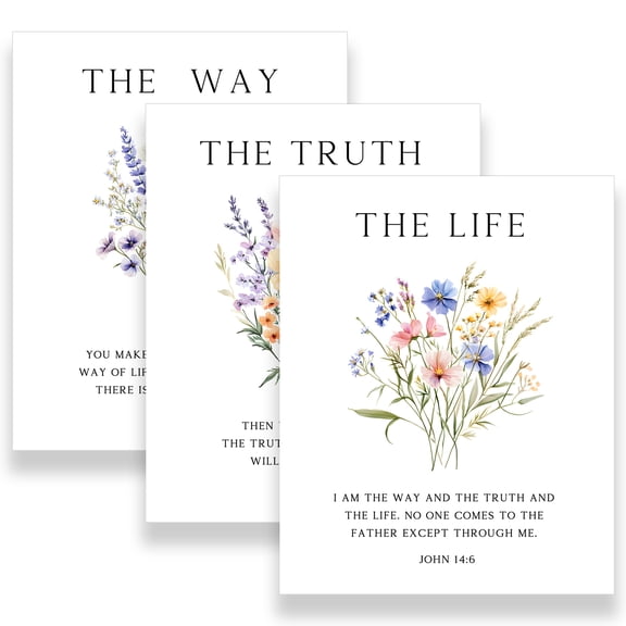 Christian Wall Art Set, The Way Truth Life Bible Verse Print, Floral Botanical Design, Minimalist Style, Scripture Home Decor, 3 Piece Unframed Prints 8"X10"