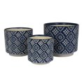 thumbnail image 2 of Modern Planter Set of 3, Vintage Floral Motifs, White Blue Ceramic, 2 of 6