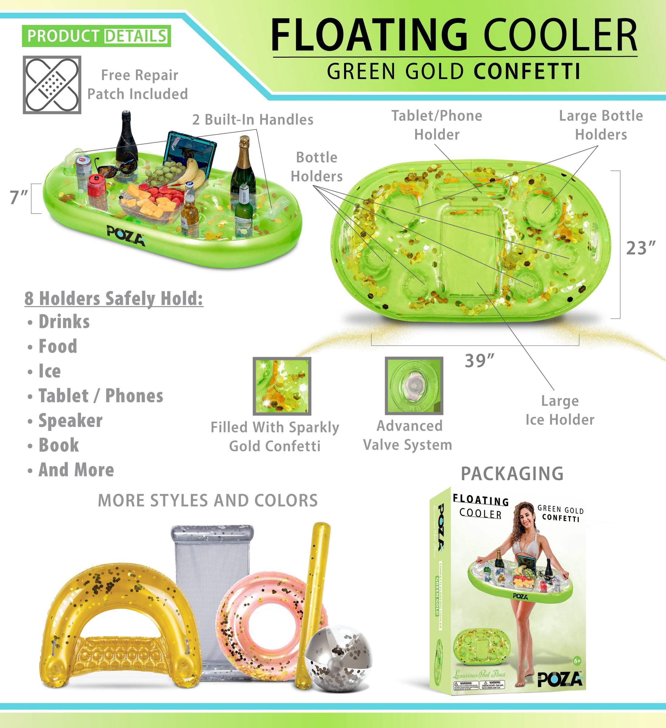 POZA Inflatable Cooler Float - Luxury Inflatable Drink Cooler for Pool Filled with Sparkly Confetti, Premium Pool Party Cooler, Perfect Cooler Float for River, Beach or Pool - 39x23 Inch - Green Gold