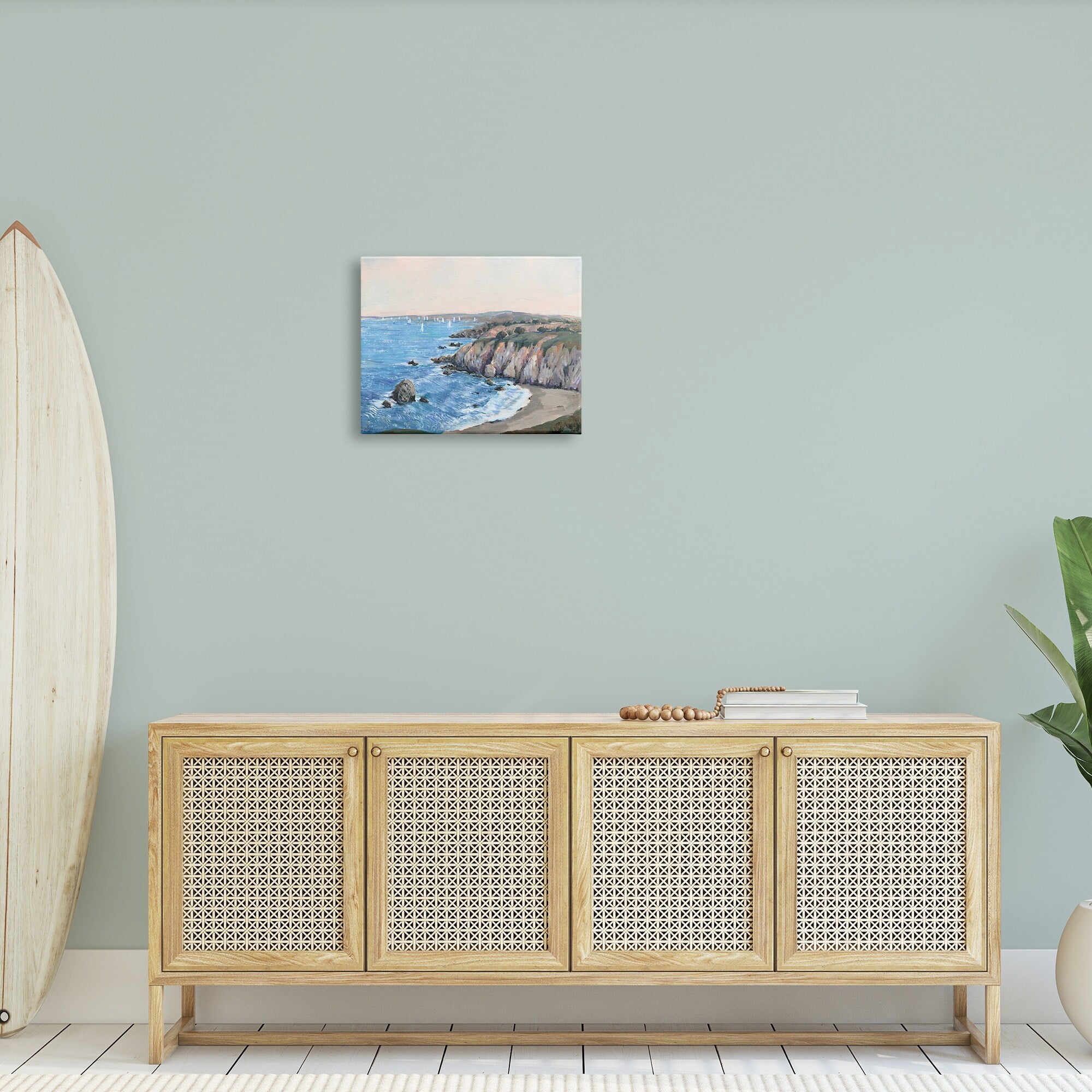 Stupell Industries Ocean Coast Cove Distant Sailboats Beach Cliff Landscape Paintings Gallery-Wrapped Canvas Print Wall Art, 40x30, by Tim OToole
