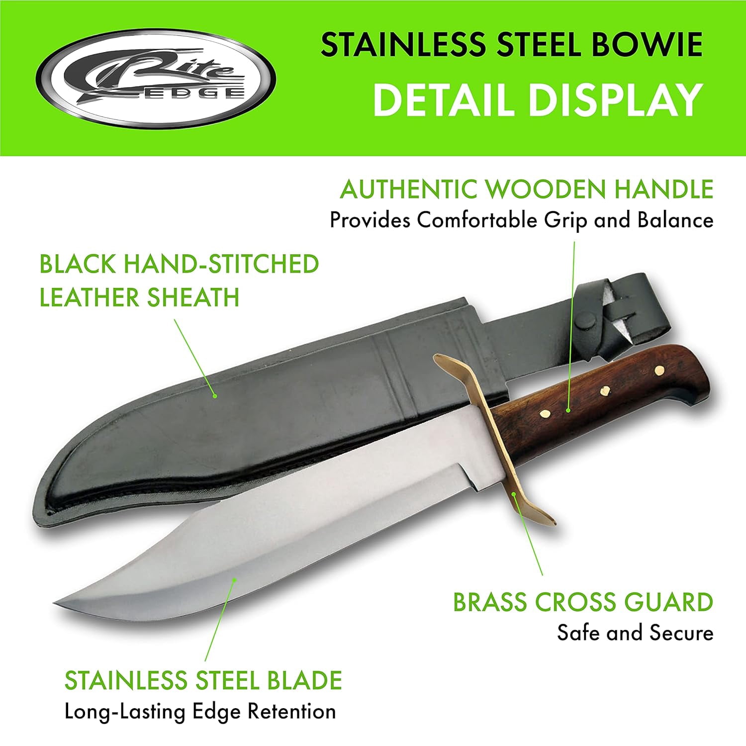 SZCO Supplies 15” Full Tang Bowie Style Fixed Blade Knife with Stainless Steel Blade, Wooden Handle, Brass Guard, and Leather Sheath
