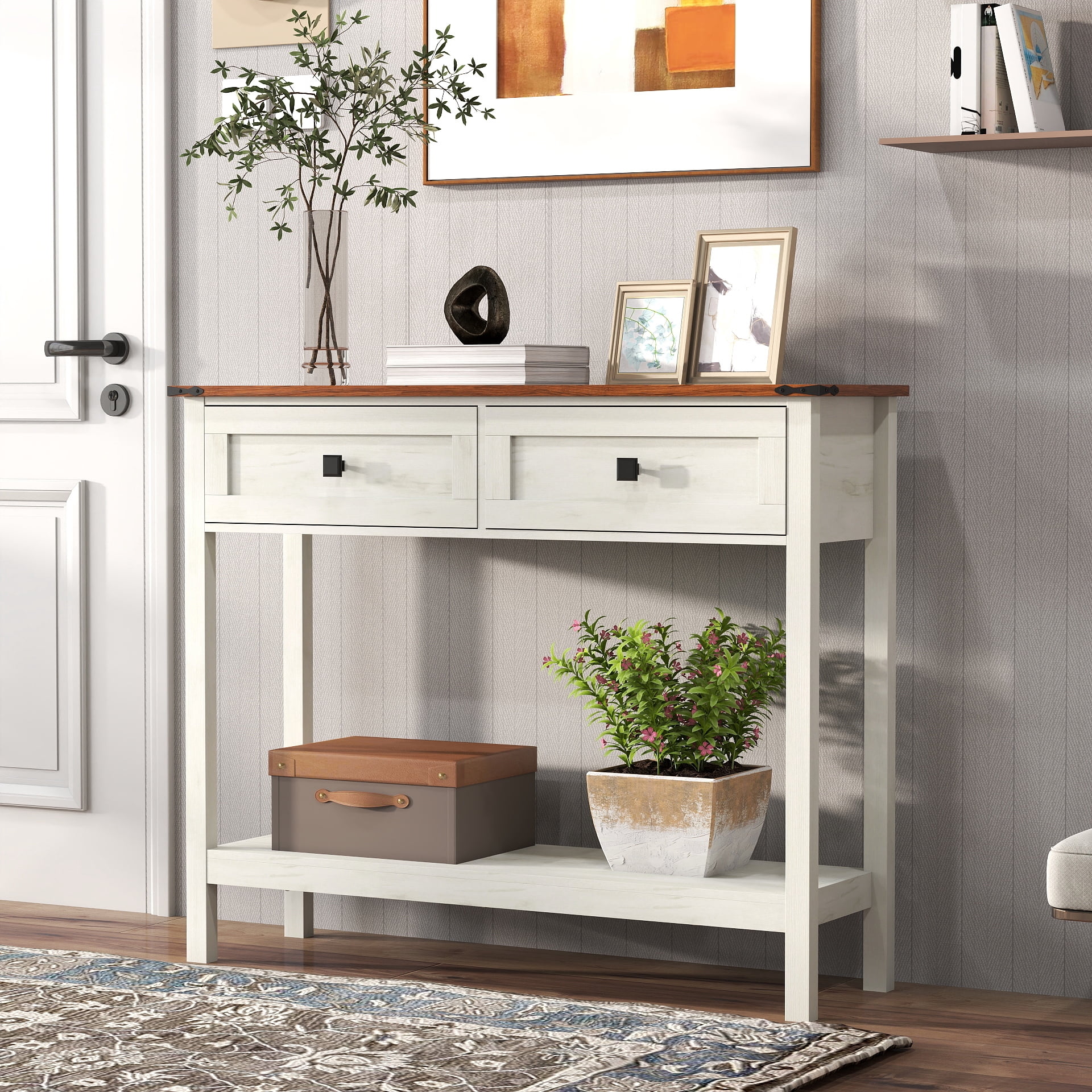 Farmhouse Style Console Table with 2 Drawer and Bottom Storage Shelf for Entryway, Rustic Side Table with Storage Drawer and Shelf for Living room, Hallway(Antique White)