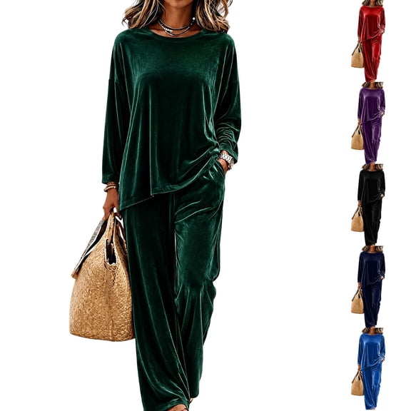 Velour Tracksuit for Women Crewneck Long Sleeve Baggy Lounge Set