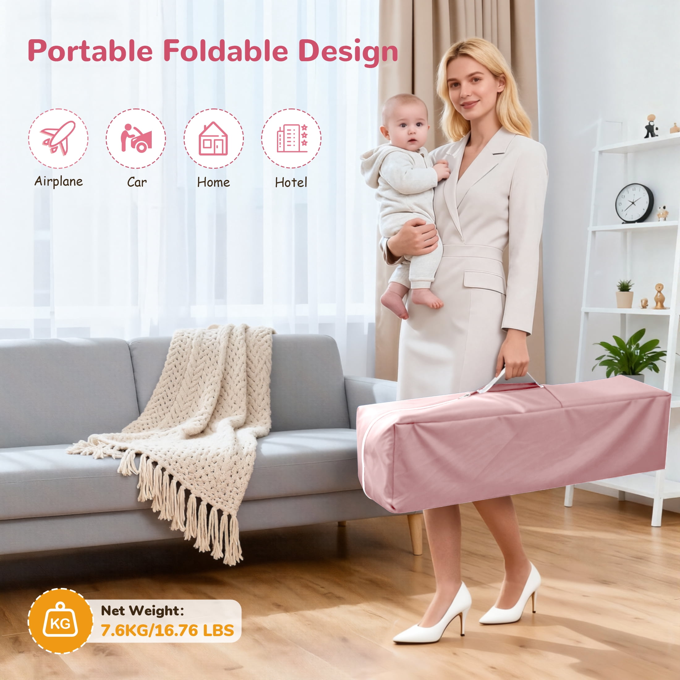 Minikid Baby Playard with Bassinet,Unisex Playpen Include Music Box and Hanging Toys,Portable Crib for Newborn to Toddlers,Pink