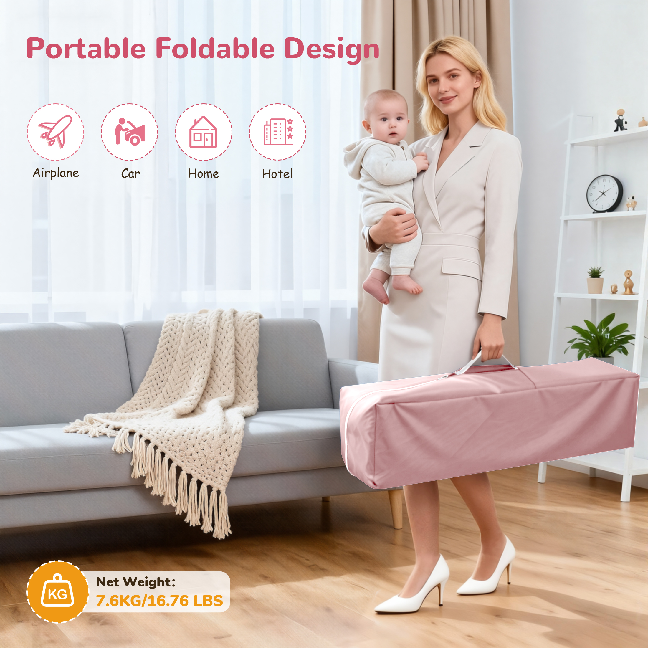 Vipuse Nursery Center Playard with Bassinet, Pink photo 6