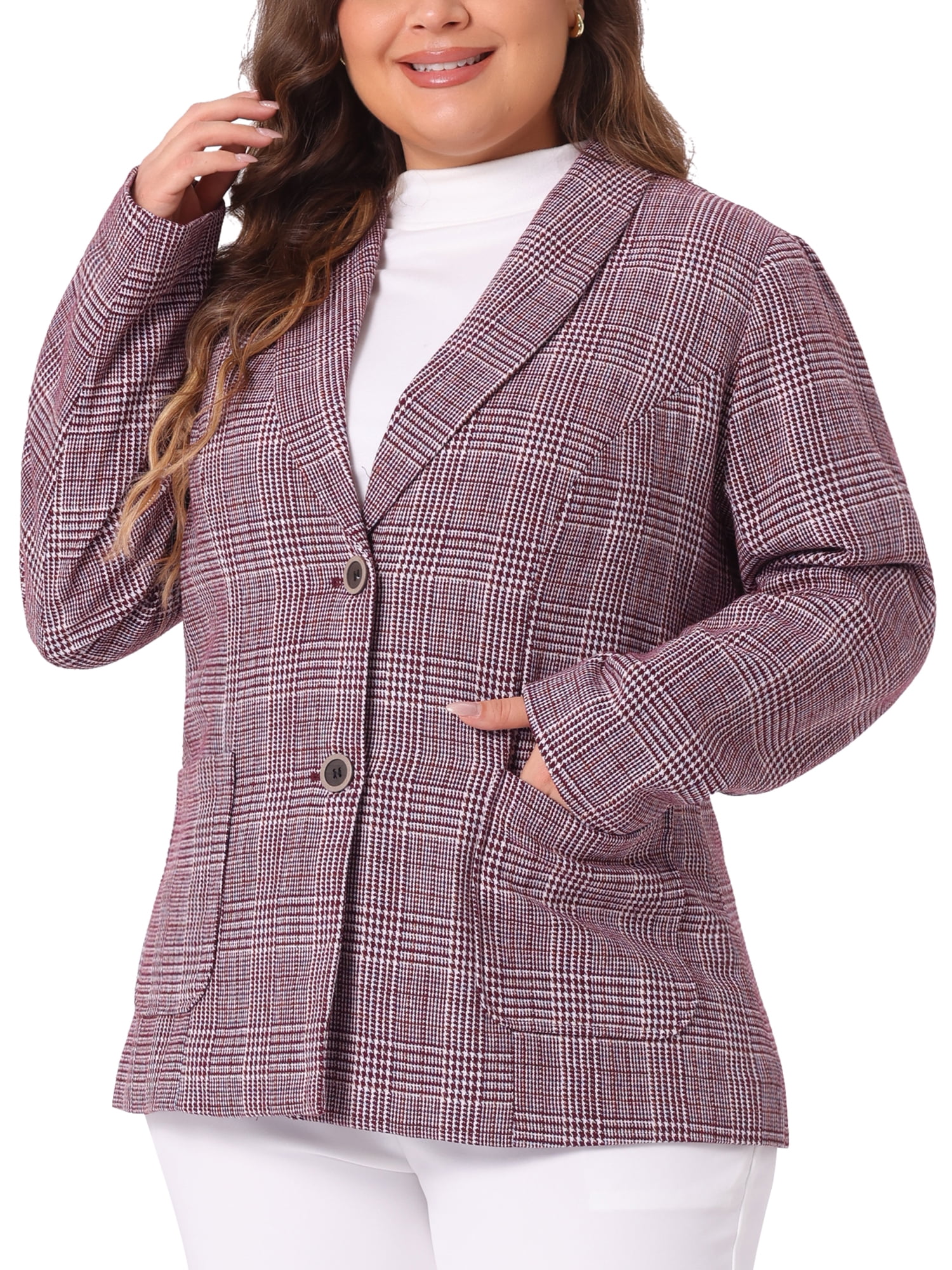 DARING DIVA Women's Plus Plaid Lapel Jacket Work Single Breasted Blazers Burgundy 4X