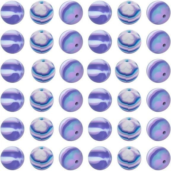 1 Box 50Pcs Print Silicone Beads 15mm Printed Round Bead Bulk Soft Rubber Blue Flower Pattern Focal Loose Spacer Lanyard Ball Beads for Jewelry Making DIY Necklace Bracelets Earring Crafts DIY