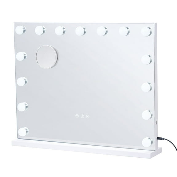 Hollywood Vanity Mirror with Lights 15 Dimmable Bulbs 3 Color Lighting Modes Detachable 5X Magnification Makeup Mirror USB Port Smart Touch Control Desktop Wall Mount 22.8x18.1 Inch White
