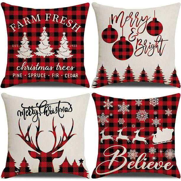 fundas de almohada de Navidad , funda de almohada de lino rústico para festividades,rojo y blanco, para sofá, sillón, decoración de Navidad(B)(4 piezas)