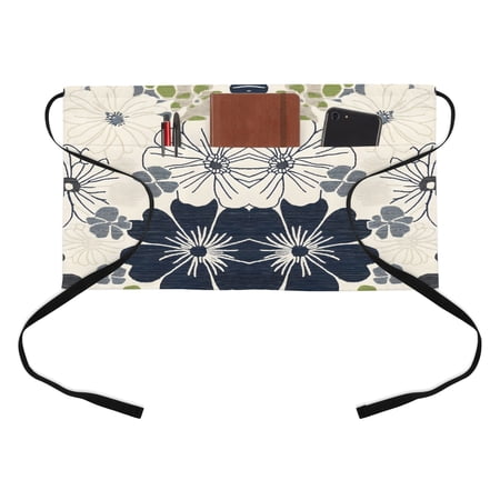 Floral Kitchen Restaurant Half Waist Apron Vintage Flower Texture Beige Green Black Plant Botanical Server Short Apron with 3 Pockets Waterproof Oil Waist Aprons for Women Waitress Waiter