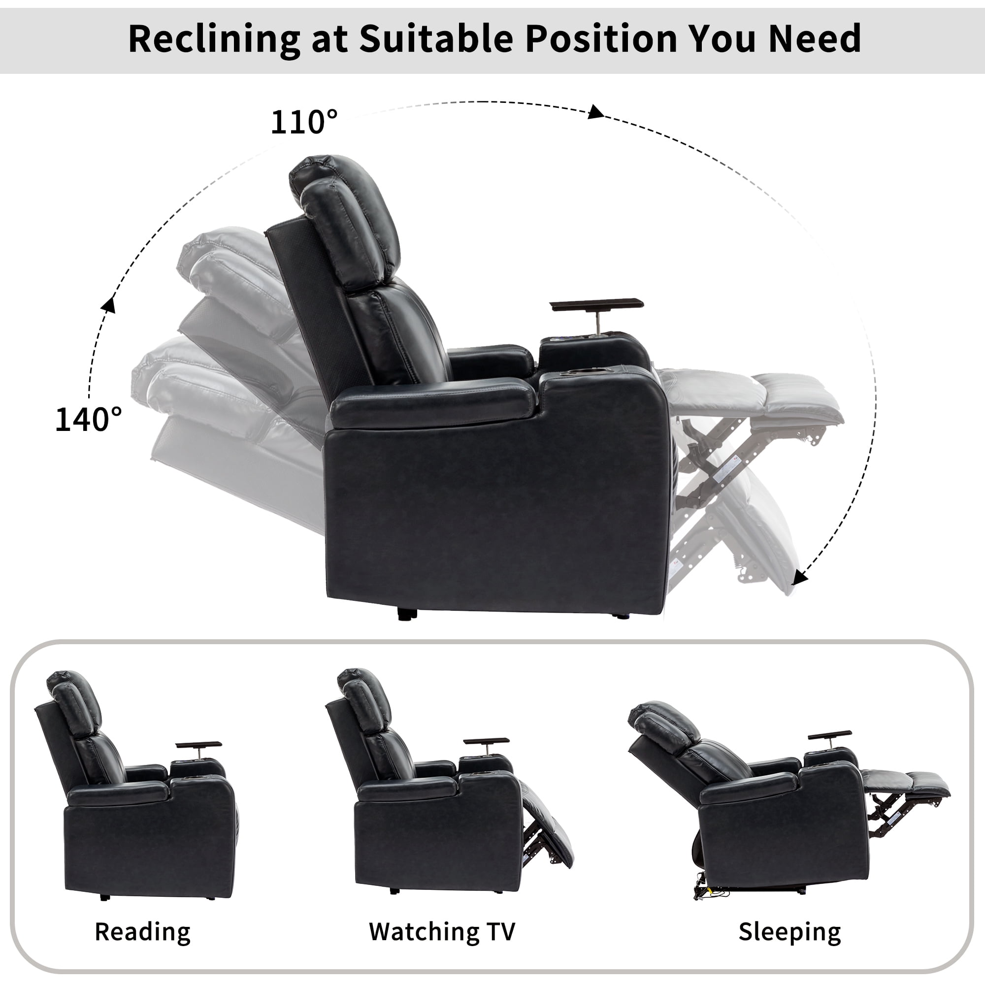 EUROCO PU Leather Home Theater Recliner,Power Recliner Adjustable Recliner with Bluetooth Speaker ,USB Ports, Tray Table, Arm Storage, footrest, Cup Holder and LED Lights, Black
