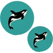 Killer Whale in Swimming Pool Orca Swim in Water on Blue Pot Holders Trivets, 2 PCS Round Cotton Thread Weave Potholders for Kitchens Hot Pads Table Mats Coasters for Hot Dishes