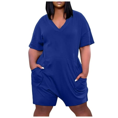 

Womens Plus Size Rompers Summer Short Sleeve V Neck Casual Loose Wide Leg Shorts Jumpsuits Playsuit with Pockets Womens Clothes