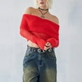 thumbnail image 2 of Fortune Women Off Shoulder Sweater Mesh Knit Cropped Pullover Solid Color Long Sleeve Slim Fit Crop Top, 2 of 6