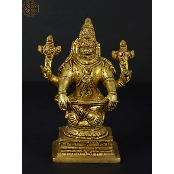 4" Yoga Narasimha Brass Statue - Lion Avatar Handmade Hindu Idol