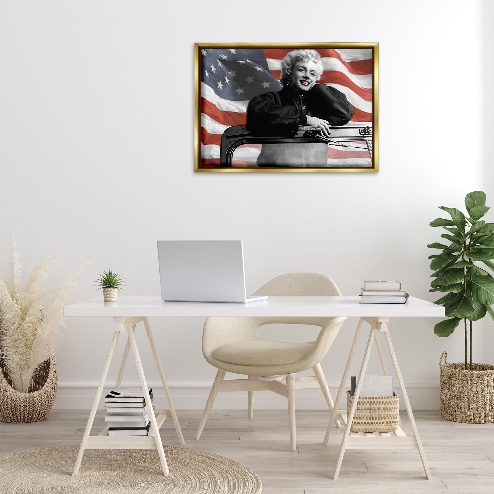 Stupell Industries Marilyn & Waving Flag People Painting Gold Floater Framed Canvas Art Print Wall Art, 31 x 21