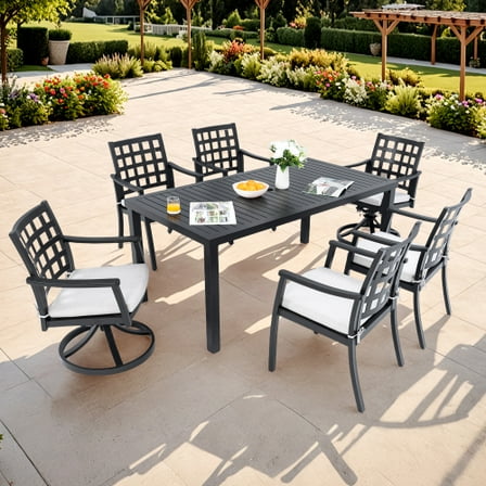 Modern Classic 7PC Outdoor Patio Dining Set,a Rectangular Table,Six Chairs (4 Stationary, 2 Swivel Rockers),Cast Aluminum,Rust-Free,Textured Ember Black,Sunbrella Cushions,Weather-Resistant